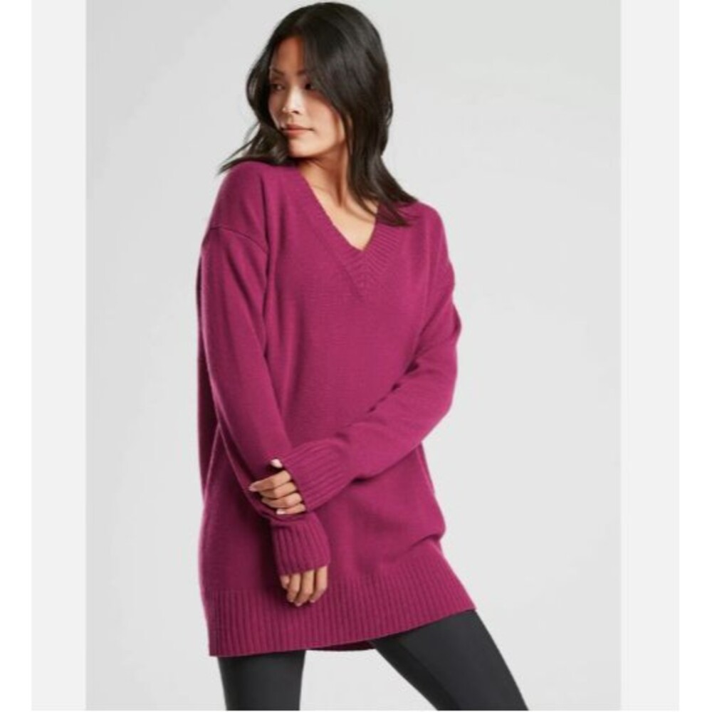 Athleta Knit Wool Cashmere V-Neck Tunic Sweater Activewear Deep Pink Sz Small